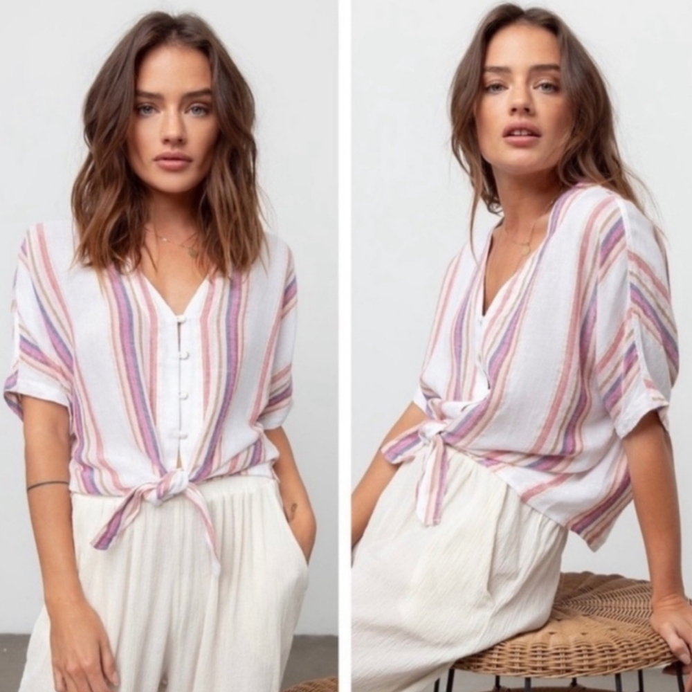 RAILS Thea Tie Front Linen Blend Top In Jewel Stripe Medium